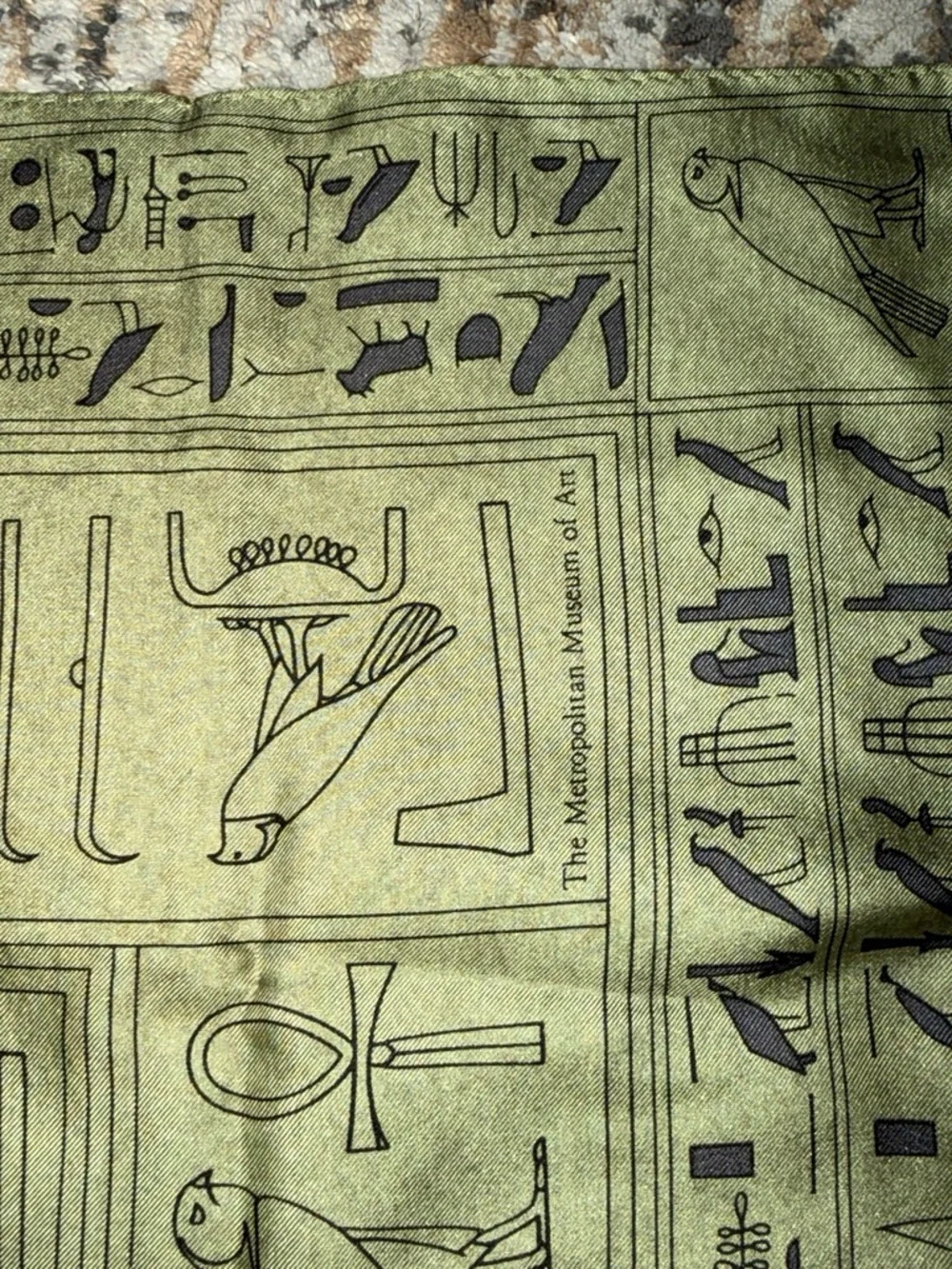 Egyptian Hieroglyph Print Lightweight Scarf in Olive Green